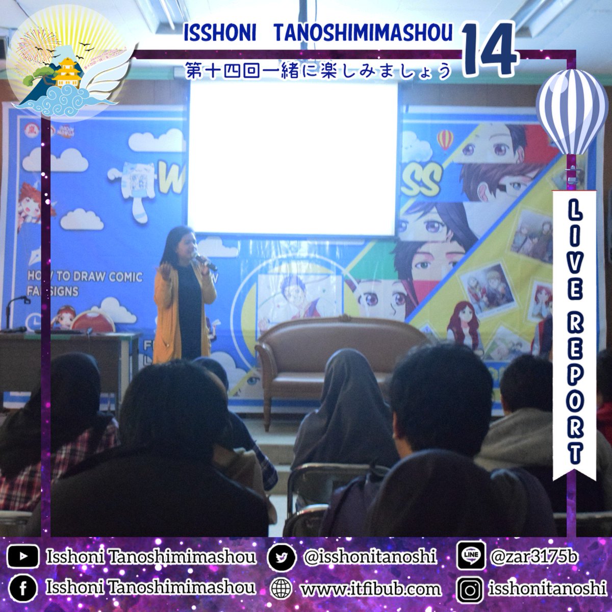 IsshoniTanoshi's tweet image. [LIVE REPORT ISSHONI TANOSHIMIMASHOU 14]

Kegiatan Webcomic Class with @lintankleen
😀👍🏻
.
#LiveReportIT14 #ITFIBUB #IT14
#UniversitasBrawijaya
#EventMalang
#JapaneseFestival