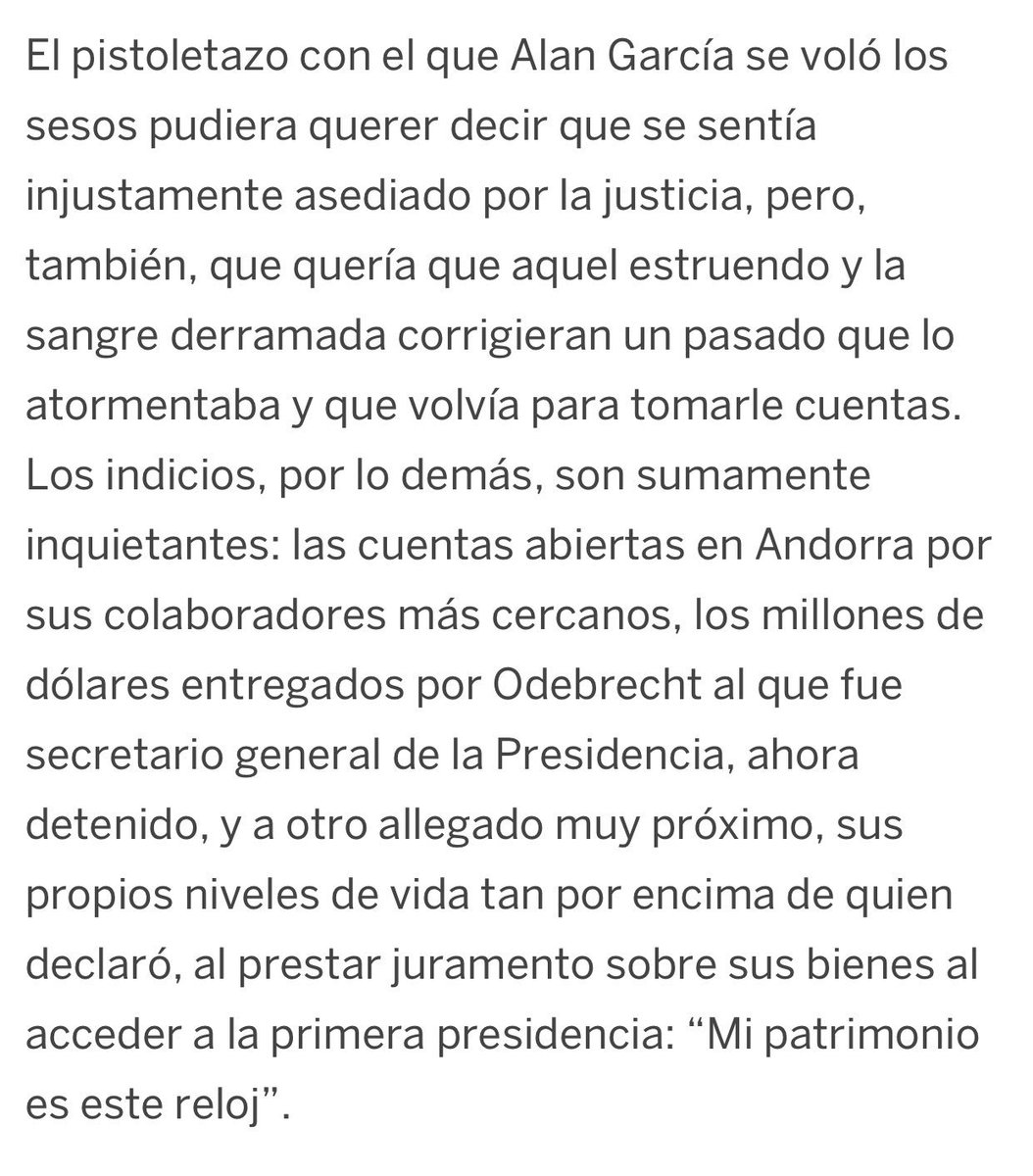 Mario Vargas Llosa en El País, sobre suicido de Alan García