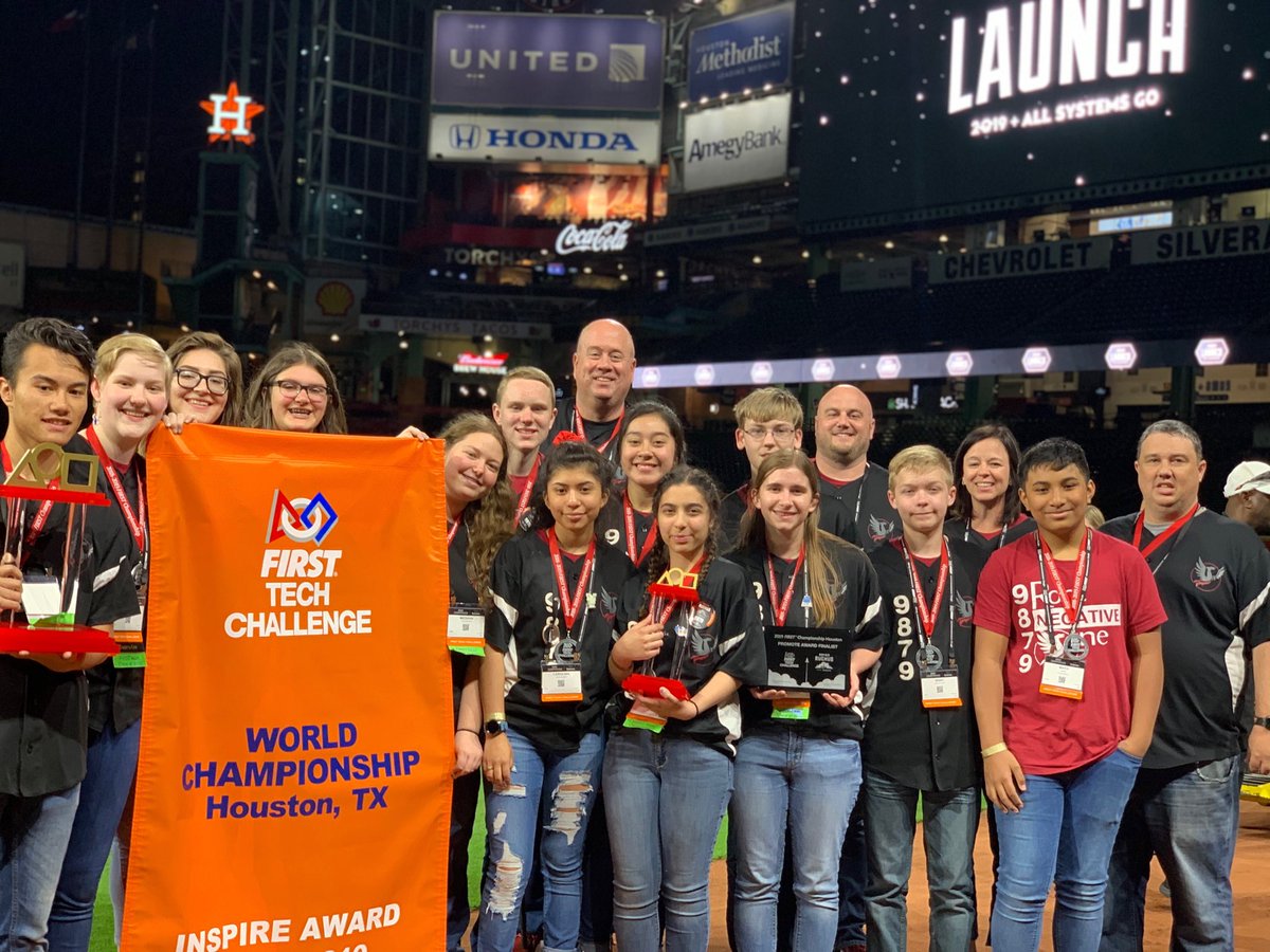 FTC9879's tweet photo. WOW, we are forever thankful for being awarded the 1st place Inspire Award at the @FTCTeams World Championship! This #RoverRuckus season wouldn’t be possible without our co-mentoring partnerships, school, mentors, STEM community, and more! @FIRSTweets @PrincipalTisher #omgrobots https://t.co/5LU0zWvCDO