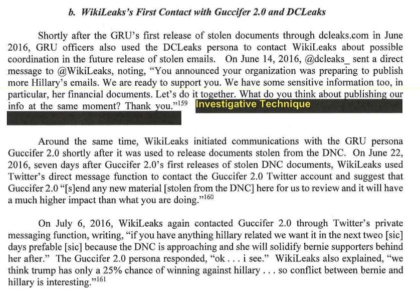 Hardly bombshell stuff. According to Mueller, they too reach out to WikiLeaks 6/14/16, the same day the WaPo publishes the story revealing to the world that Russia hacked the DNC.Oddly, they don't even suggest giving over their content, only coordinating