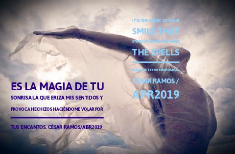 webmasterazul's tweet image. Es la magia de tu sonrisa la que eriza mis sentidos y provoca hechizos haciéndome volar por tus encantos.
César Ramos/Abr2019
#poetuit
#Poerotic
#LetrasyLatidos
César Ramos/Abr2019