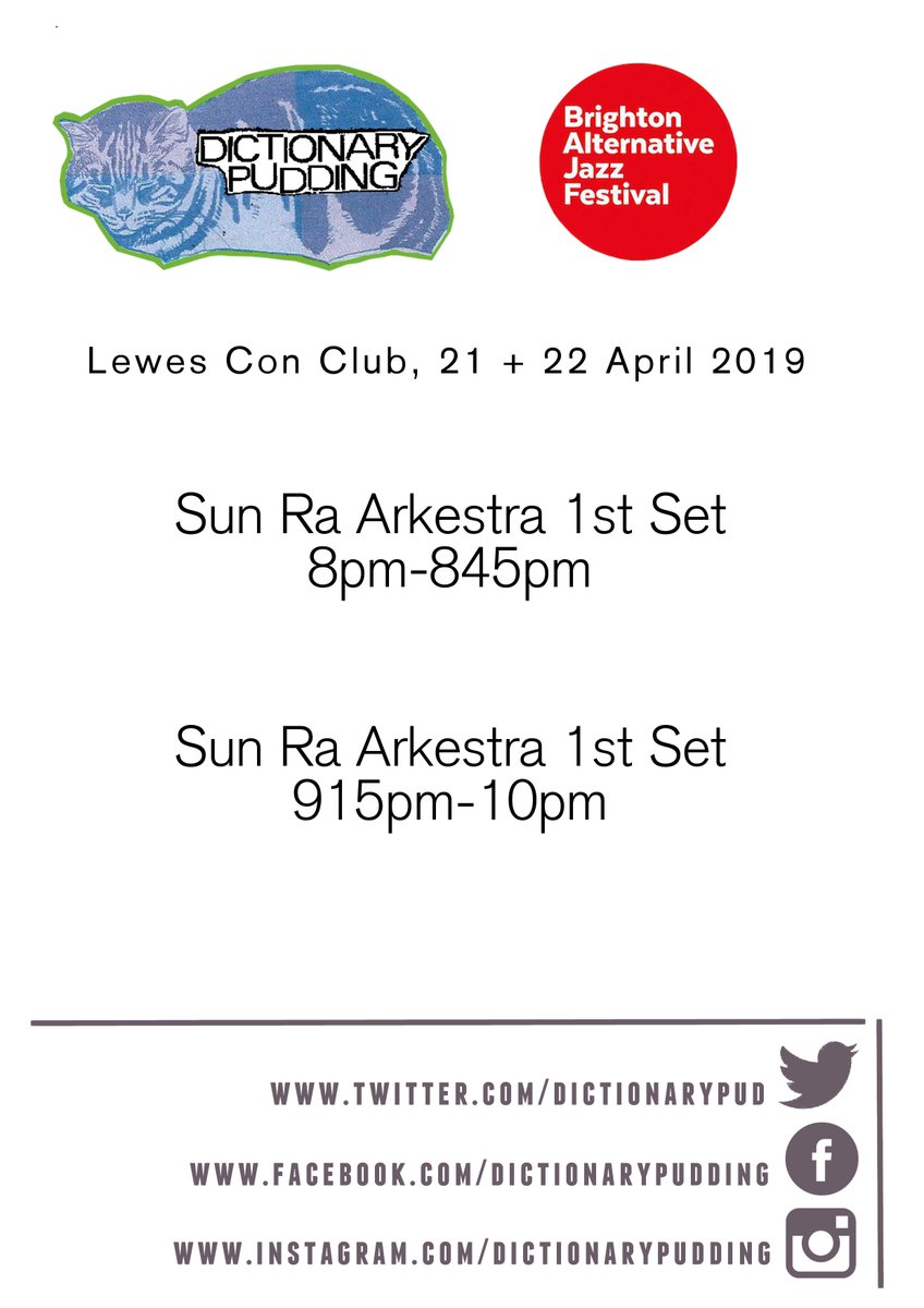 times for SUN RA ARKESTRA in LEWES <a href="/LewesConClub/">Lewes Con Club</a> for the next couple of nights. Still some tickets available to the Monday here: seetickets.com/event/sun-ra-a…
<a href="/SunRaUniverse/">Sun Ra Arkestra</a>