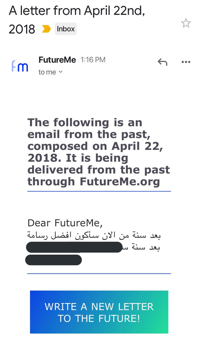 Giving_nh's tweet photo. قبل سنة من اليوم في ٢٢ ابريل ٢٠١٨
كتبت للمستقبل اهداف اتمنى احققها في هذه السنة ونسيت الموضوع اطلاقاً واتفاجىء اليوم بالايميل يوصلني .. لكن الجميل اني حققت هالهدفين بفضل الله وحمده ..
#future_me
واليوم بضع اشياء اتمنى المستقبل يرسلها لي برضو 💜💜💜 https://t.co/TdqQeRDBZA