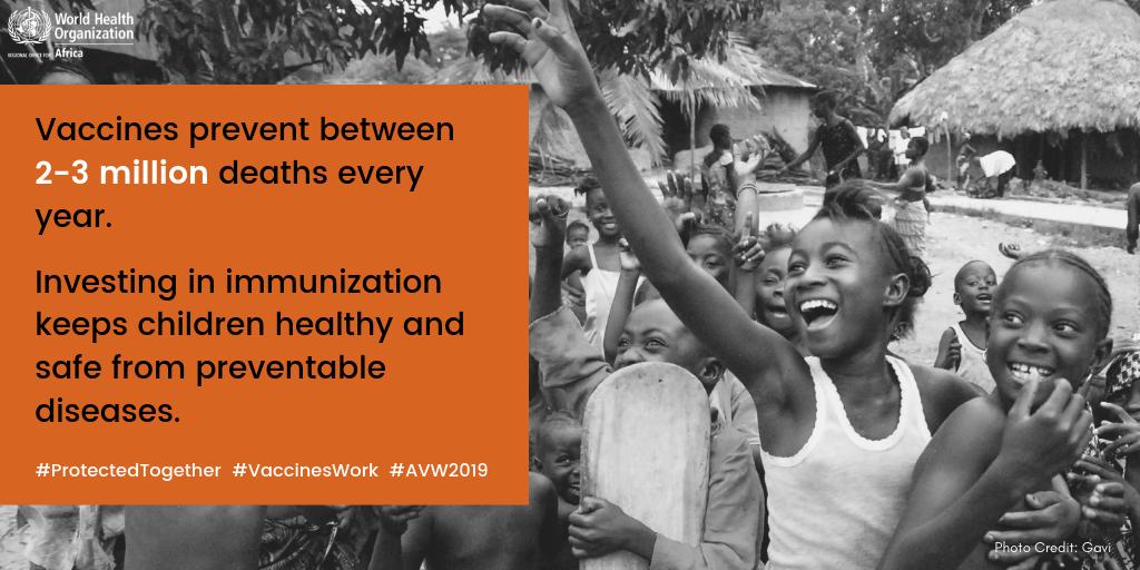 African Vaccination Week starts tomorrow! Join our call for strengthening immunization services and systems so that everyone, everywhere, is protected from vaccine-preventable diseases. 

Use hashtags #AVW2019
#ProtectedTogether
#VaccinesWork
#VaccineHeroes 
#EveryShotCounts.