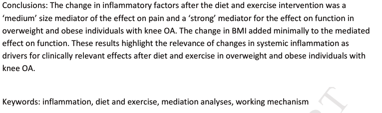 PhysioMeScience's tweet photo. Inflammatory cytokines mediate the effects of diet and exercise on pain and function in knee osteoarthritis independent of BMI

https://t.co/6tZQRRy4gI https://t.co/pdLmNdMhGH