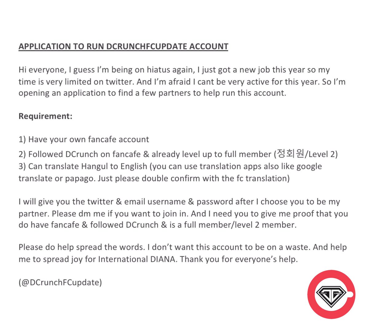 Hi everyone, it’s time again that I need partners to help me run this account. Uni has been very demanding lately.
Please help spread the words DIANA. Thank you ❤️ #DCRUNCH #디크런치 #DcrunchFCUpdatetrytofindpartners