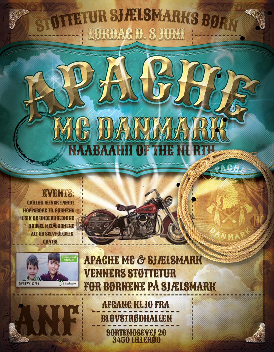 SjVenner's tweet photo. Apache MC Danmark er folk med store hjerter.  D. 8. juni giver de børnene på Sjælsmark en dag, hvor frustrationer og  hegn bliver erstattet af frihed, leg og fantastiske motorcykler.  Vil du bidrage med penge til en is, kan du gøre det på Mobilepay 57749 https://t.co/pQv6MMvek7