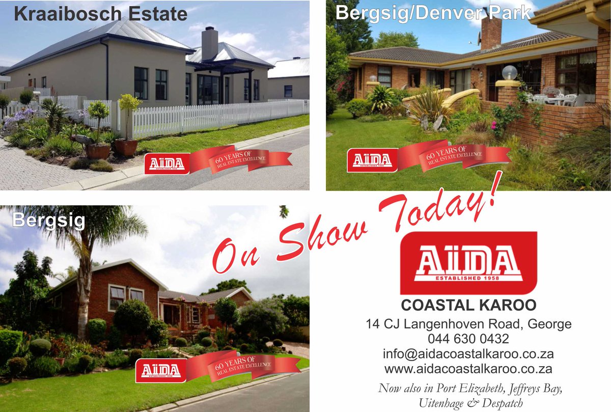 GerhardGeorge's tweet photo. AIDA GEORGE ON SHOW - Sunday 21 April 2019
15h00 - 17h00
KRAAIBOSCH ESTATE
Kotie Veldman: 072 947 1458 kotie@aidacoastalkaroo.co.za
BERGSIG/DENVER PARK/PANORAMA
Follow signs from Knysna Road
Anita Barnard: 082 680 8405 anita@aidacoastalkaroo.co.za https://t.co/26RBZo6401
