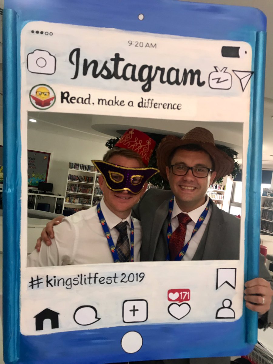 KSABPhase2's tweet photo. @rustysmart and @jamieefford at the #kingslitfest selfie stand... can you guess the book characters? https://t.co/gPaLix9GLU