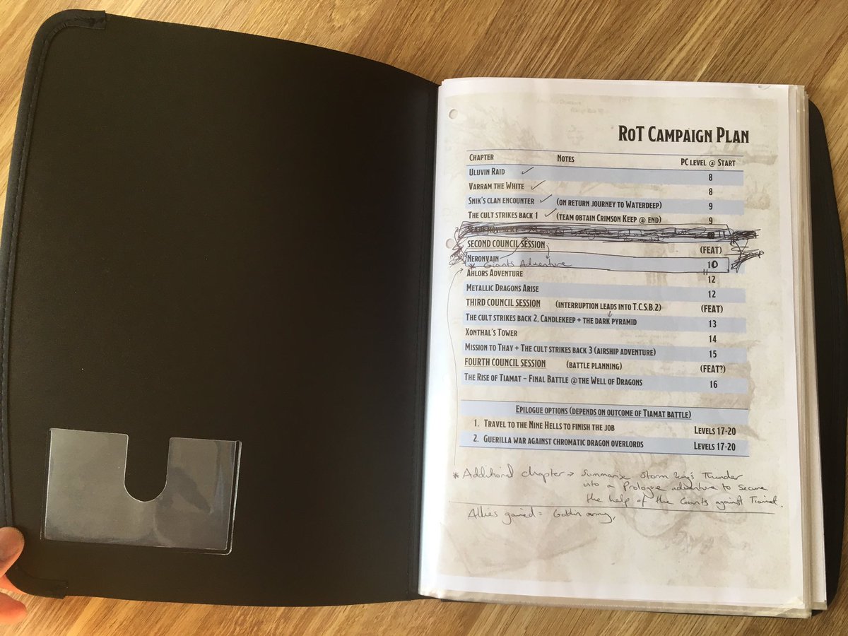 DM_Flashwood's tweet photo. @Wizards_DnD I’ve got a multi-page folder containing my homemade notes on personalised character arcs, favourite shops and locations. For each session I use a double sided sheet of A4: one side is planning notes and the other side is a recap I do after the session! Is this too organised? 😬 https://t.co/jAj4Pd8Uzg
