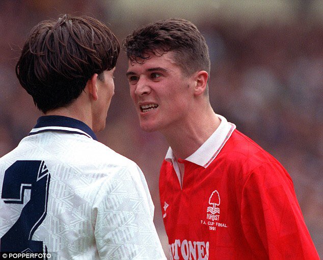 irish_pics's tweet photo. Roy Keane of Nottingham Forest gets fiery with Spurs defender Justin Edinburgh during the 1991 FA Cup final #RedRoy https://t.co/Pua9R3JMkP