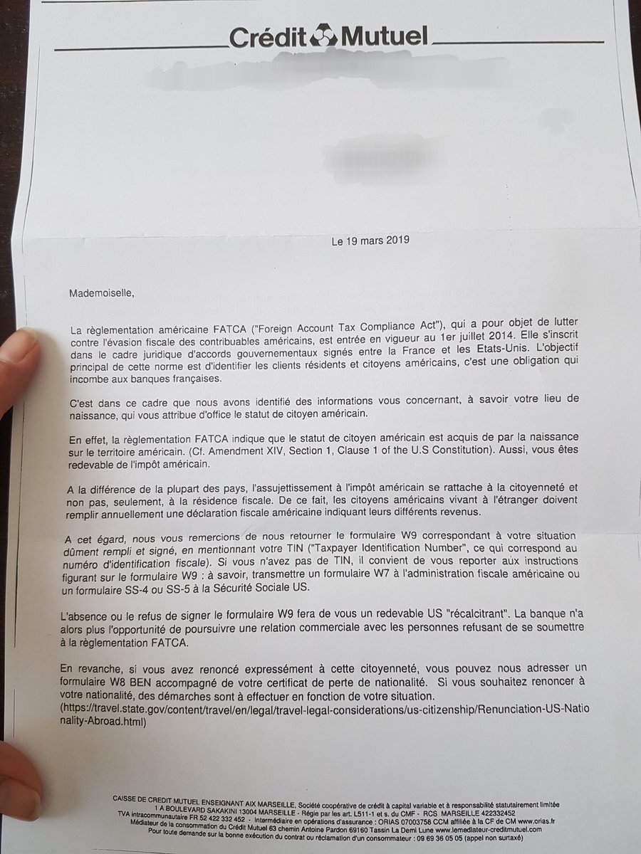 USAccidental's tweet photo. Je ne savais pas que le @CreditMutuel était un agent de l'@IRStaxpros qui avait intérêt à faire respecter la législation 🇺🇸 sur le territoire 🇫🇷

Respecter #FATCA est une chose mais dire à une Américaine accidentelle qu'elle est redevable de l'impôt 🇺🇸, c'est n'importe quoi ! https://t.co/RGkQ0e04nJ