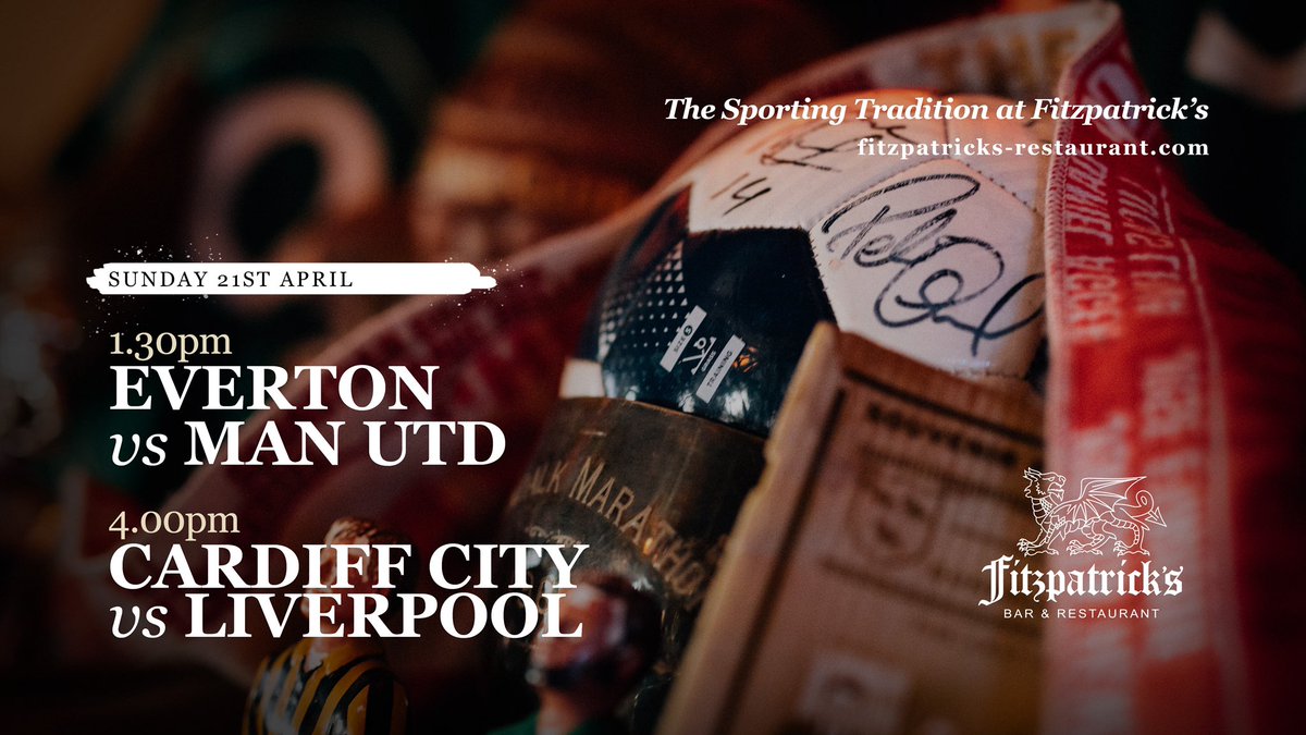 fitzpatricksre1's tweet photo. We also have live football on tele today. 

Everton v Man Utd @ 1:30

Then Cardiff City v Liverpool @ 4:00

#fitzpatricksbarandrestaurant #fitzpatricks #livefootball #eastersunday #EVEMUN #CARLIV https://t.co/UKOL2Y6N64