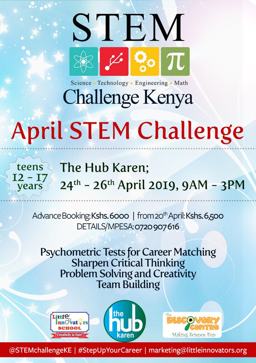 YuriBaraza's tweet photo. Wondering what to do with your 12 - 17 year old after Easter is over? Sign them up for the #AprilSTEMChallenge with @STEMchallengeKE at @TheHubKaren from 24th - 26th April.
Cost: Ksh 6,500/= https://t.co/JZDYMhGYe9