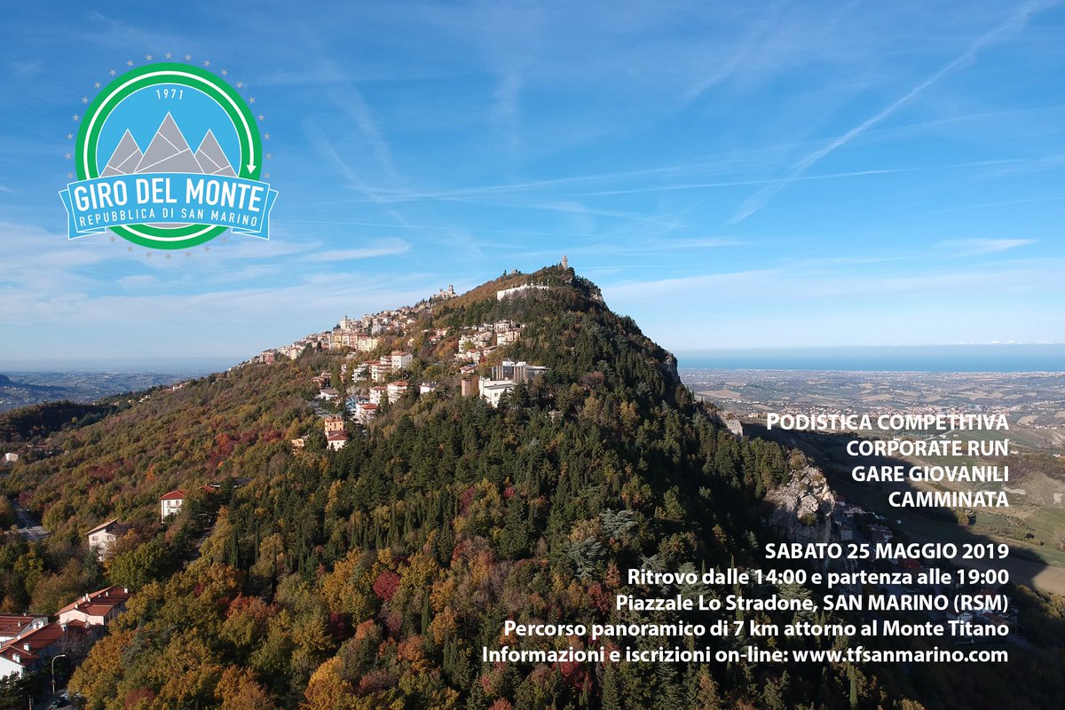 Buona Pasqua! Giro del Monte 2019/Sabato 25 maggio/Piazzale Lo Stradone/Repubblica di San Marino/Ritrovo dalle 14:00 e partenza alle 19:00
Podistica competitiva, Corporate Run, gare giovanili e camminata di 7 km attorno al Monte Titano tfsanmarino.com <a href="/VisitSanMarino/">visitsanmarino</a> #SMR