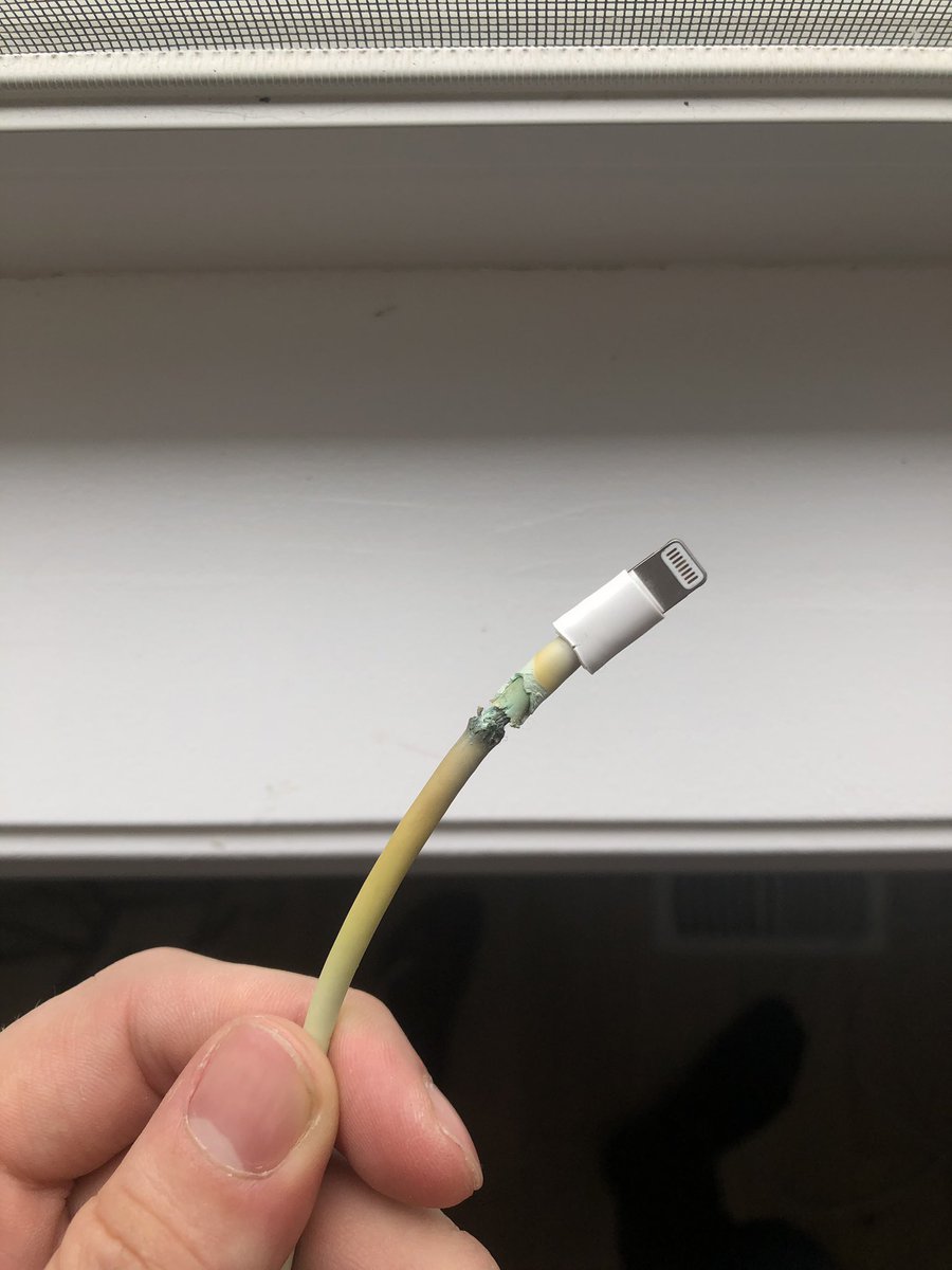 petermckinnon's tweet image. This @Apple cable was perfectly fine when I went to bed. Woke up, unplugged it without looking, instantly realized how hot it felt, and to my surprise.......😳😳