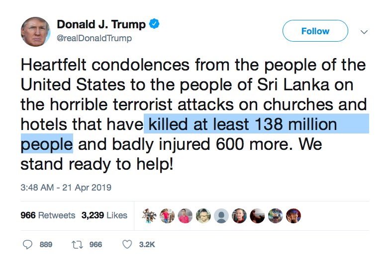 President Donald Trump Sri Lanka Terrorist Attack Death Toll Gaffe