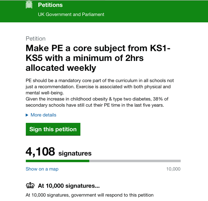 LondonPehwb's tweet photo. 'Make PE a core subject from KS1-KS5 with a minimum of 2hrs allocated weekly' petition very quickly up to 4,108. Well done to those who have signed so far : https://t.co/EMagaEWfwd Please spread the word for more signatures #childrenshealth #movetolearn #everychildmatters https://t.co/UJaOmpeRhn
