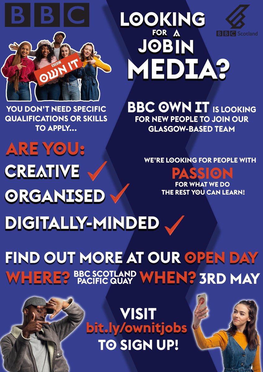 Do you want to work in Media? Join #BBCOwnIt for their careers open day to find out more. Everyone is welcome! #mediajobs #workintv #bbcscotland #cbbc bit.ly/ownitjobs