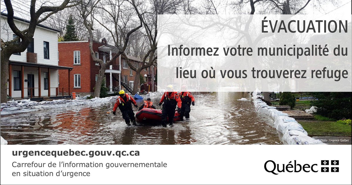# Inondation - Vous devez évacuer votre domicile?

⚠️  Informez votre municipalité de l’endroit où vous trouverez refuge.
⚠️  D'autres conseils et recommandations : bit.ly/2VhgxEq

#MSGU #crue