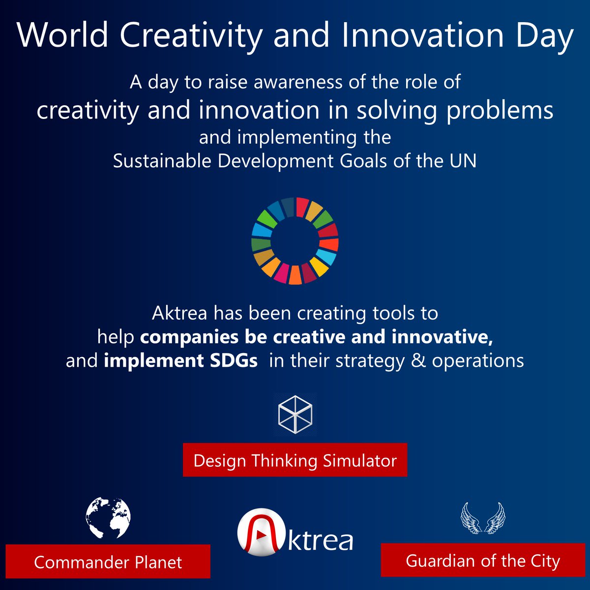 Aktrea1's tweet photo. World Creativity and Innovation Day. A day to reinforce the need for creative thinking and Innovation towards a sustainable future. #WCID #Aktrea #SDGs https://t.co/mL7y8Sa8K9