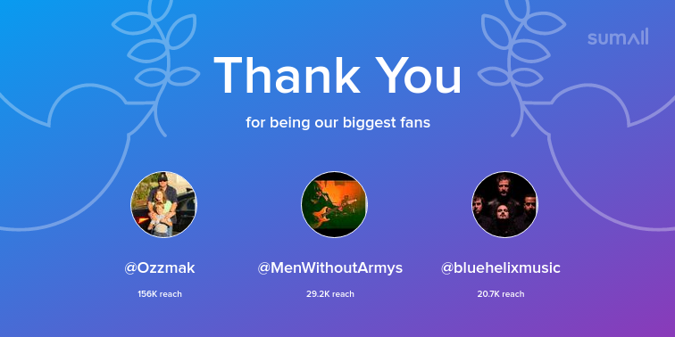 Our biggest fans this week: <a href="/Ozzmak/">Ozzmak</a>, @MenWithoutArmys, <a href="/bluehelixmusic/">Blue Helix</a>. Thank you! via sumall.com/thankyou?utm_s…