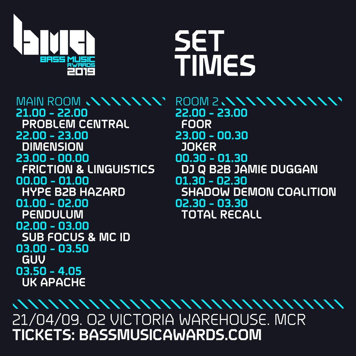 🔊 SET TIME ANNOUNCEMENT 🔊

Here's the set times for this evenings Bass Music Awards!!

Get yourselves down early, last entry 10.30pm!

We can't wait to see you all 💥💥💥