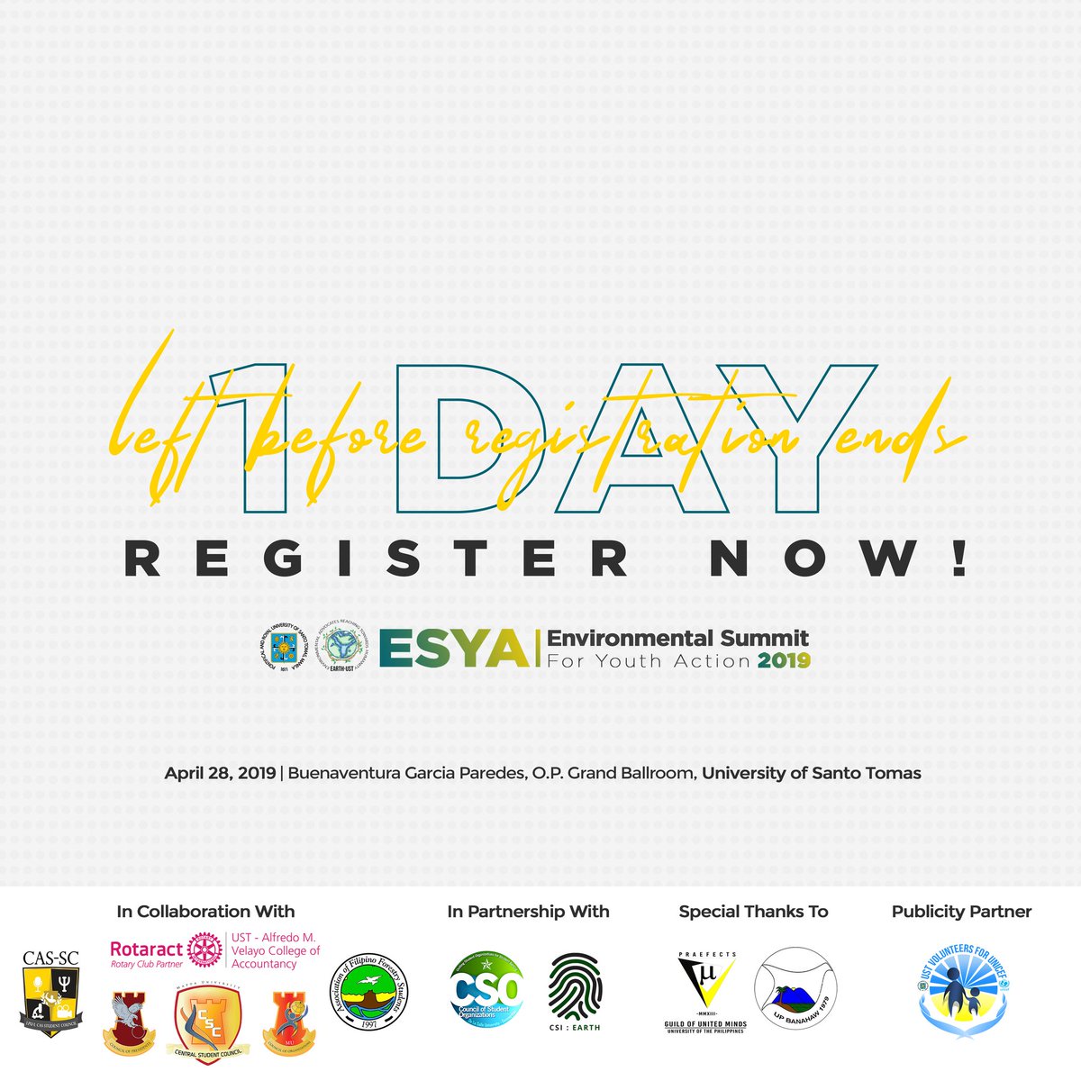 earthust's tweet photo. 1 day left till the end of registration!

Hurry hurry and don't miss this chance! To register, kindly sign up here: https://t.co/ZlWLZZnzUH. Delegate fee is Php 400.00, inclusive of food, certificate, and delegate kit. Deadline of registration is on April 22, 2019. https://t.co/gCIFAiil3T
