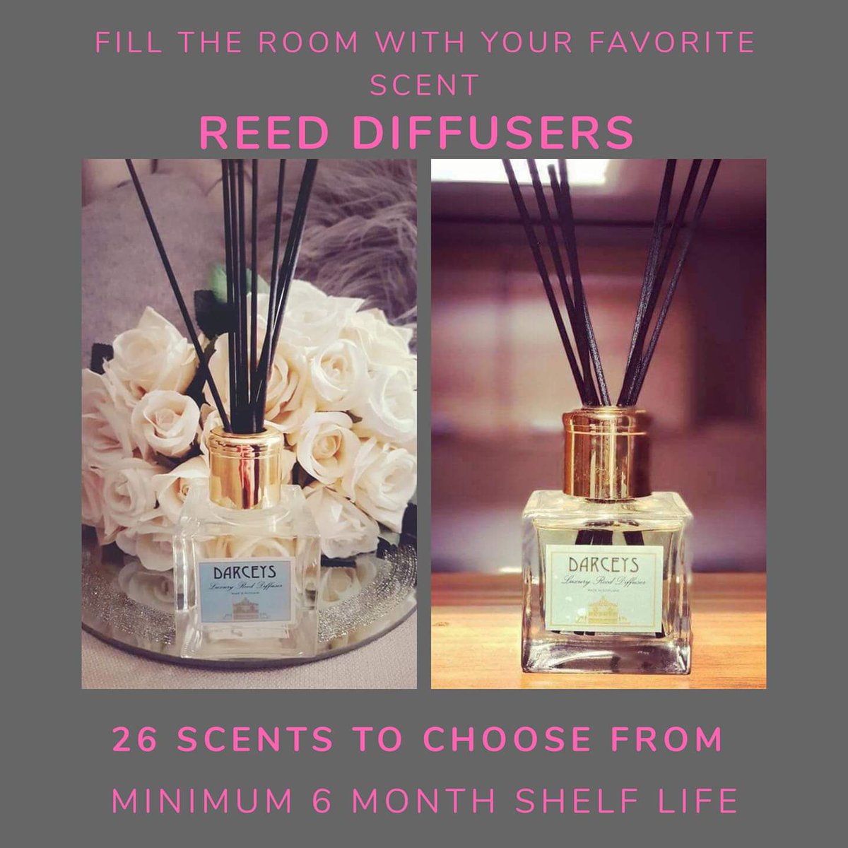 AndJodies's tweet photo. With 26 scents to choose from what's not to love?! With a 6 month shelf life making your home smell amazing 
#reeddiffuser #darceys #ATSocialMedia https://t.co/d4qszJlLxl