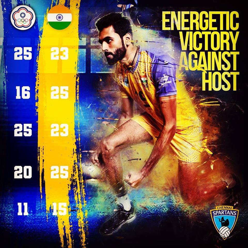 chennaispartans's tweet photo. Three victories in a row.. Our boys are making history in Taipei  #chennaispartans  #indianvolleyballteam https://t.co/j8jsj3h3aF