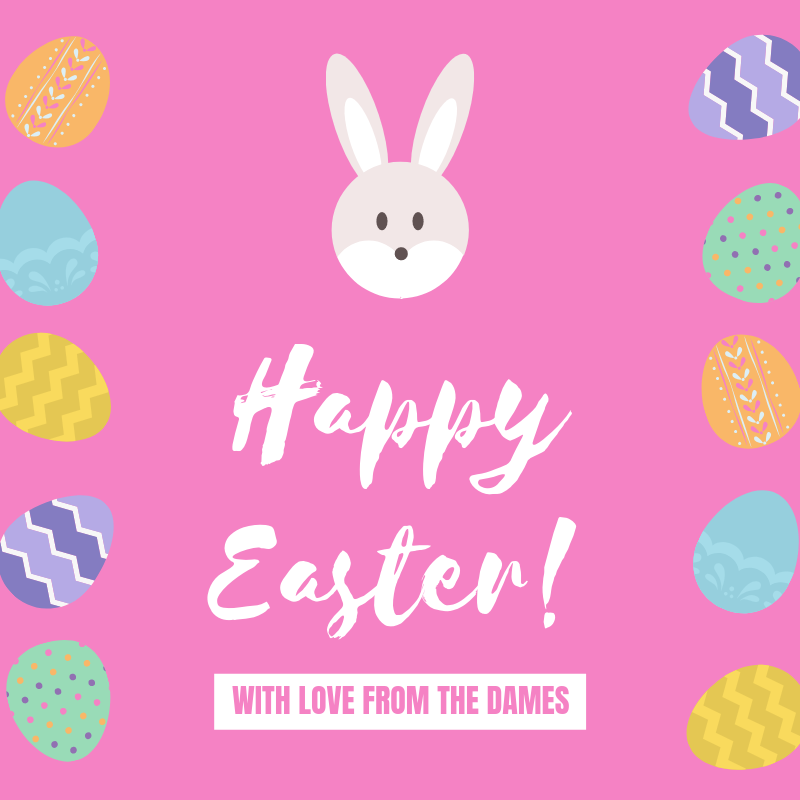 DameItAll's tweet photo. The Dames wish their friends, family, and listeners a Happy Easter free of gender bias, sexism, ageism and all-the-isms! #HappyEaster #femaleempowerment #thefutureisfemale #womenempowerment #podcast https://t.co/oJWzgsmkvV