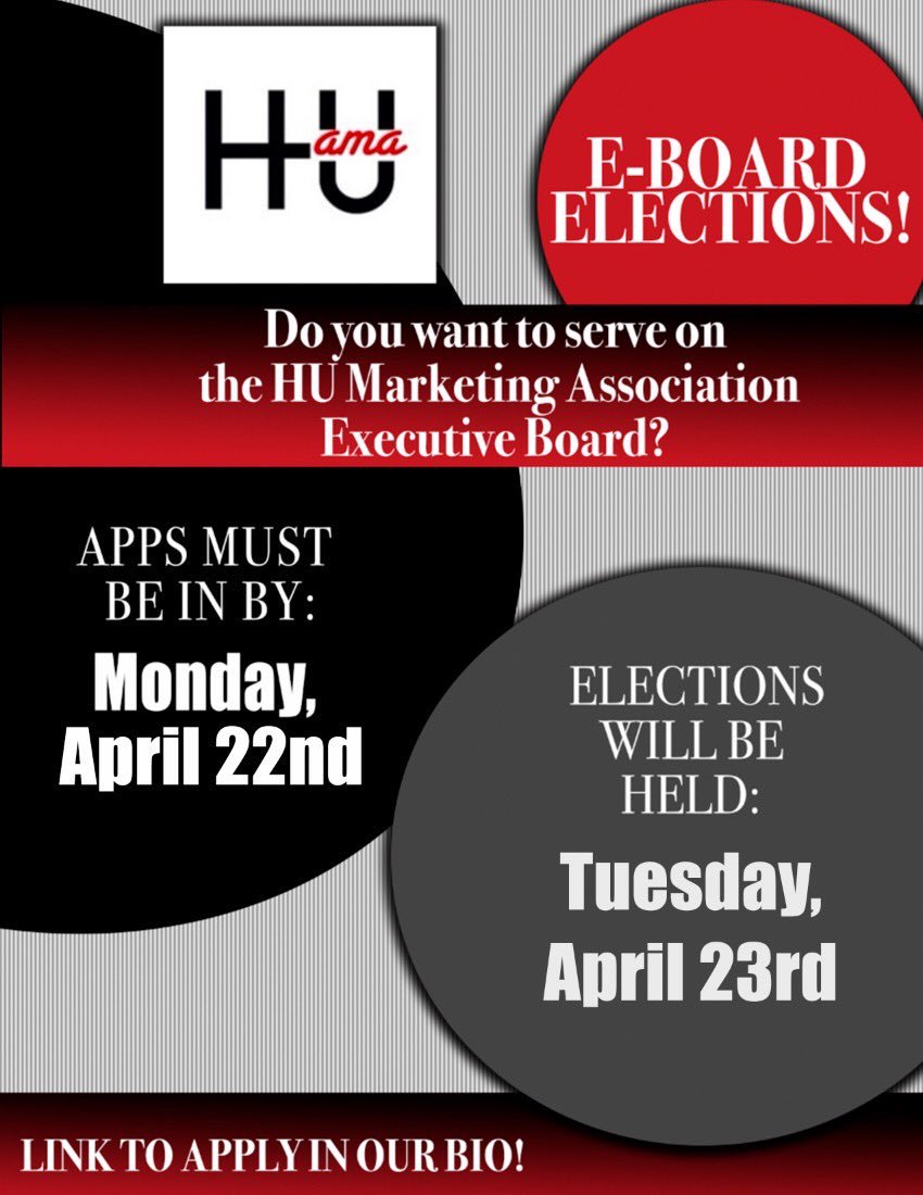 AMAHoward's tweet image. We’ve received so many requests not only to join AMA, but to serve! Please come out on Tuesday, April 23rd, 2019 to pitch your plan to best serve AMA in the position you desire. Remember, your application is due the day before, April 22, 2019. Link available in our bio!