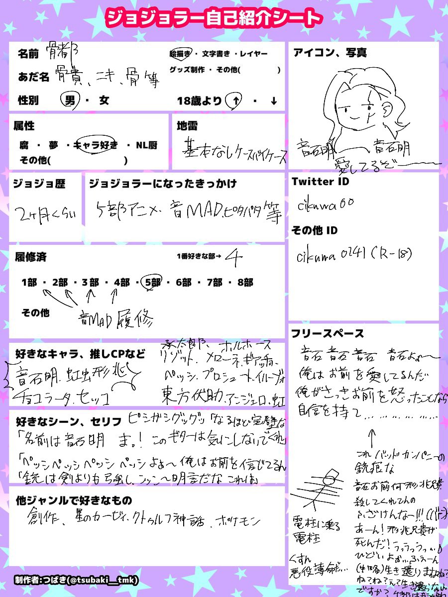 骨 Auf Twitter ジョジョ好きさんと繋がりたい ジョジョラー自己紹介シート ４部が好きです 突然で申し訳ないですが音石明と虹村形兆 が好きすぎて気が狂いそうなので助けてください 暗チも好きです