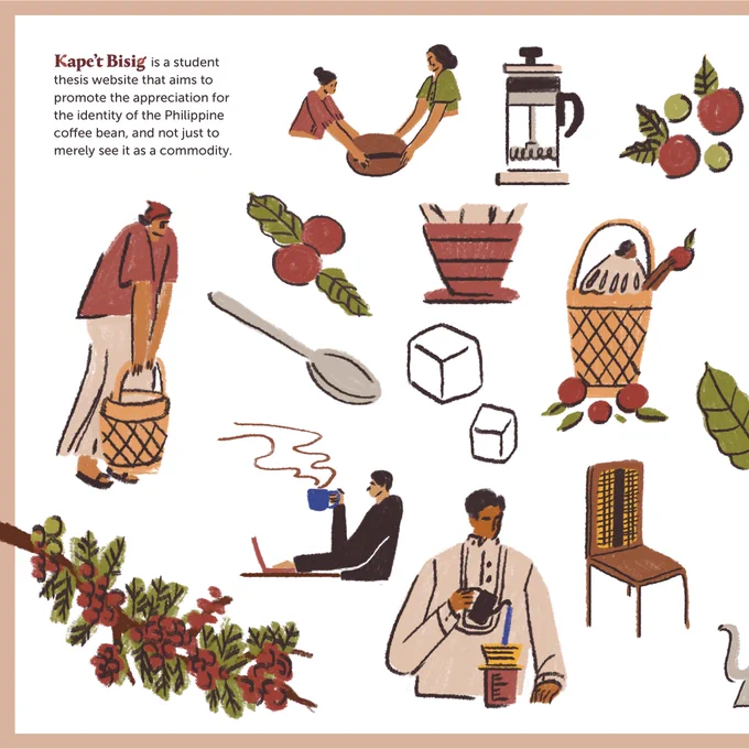 illustrations i made for my thesis Kape't Bisig, an online learning platform for the promotion and appreciation of Philippine coffee ☕️ 

Radial: The ID Thesis Exhibit continues tmrw! drop by 2/F &amp; 3/F of Arete and see what my wonderful batchmates have worked hard on :) 