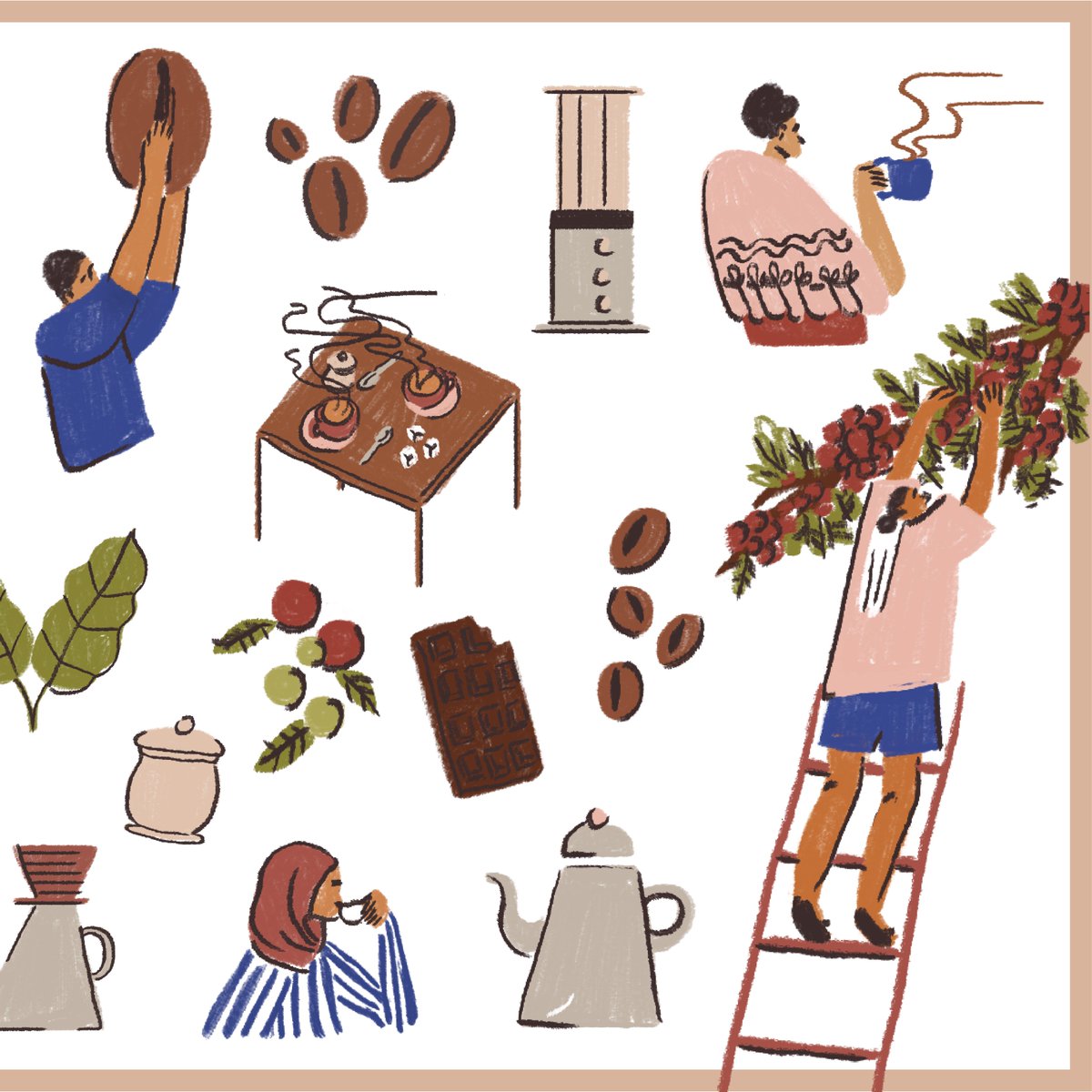 illustrations i made for my thesis Kape't Bisig, an online learning platform for the promotion and appreciation of Philippine coffee ☕️ 

Radial: The ID Thesis Exhibit continues tmrw! drop by 2/F &amp; 3/F of Arete and see what my wonderful batchmates have worked hard on :) 