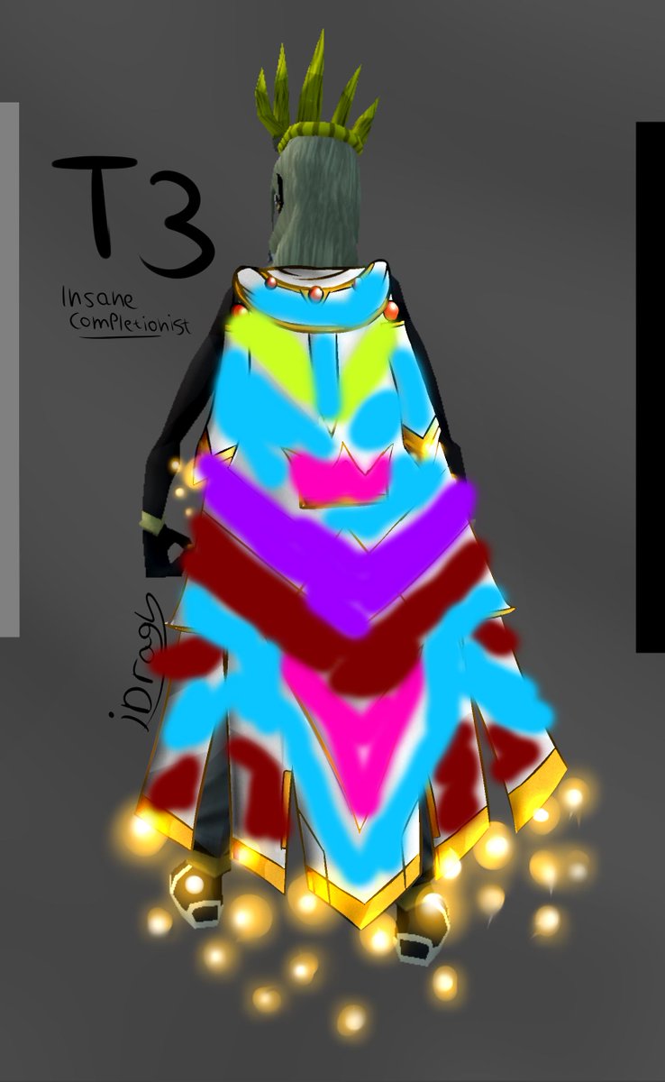 Dragy's tweet photo. uhmm ok it looked better in my head but heres my attempt at designing a T3 completionist cape using the original design as base

Particles would be RGB recolourable / rainbow mode

#runescape #compcape https://t.co/Nj9Q195TVs