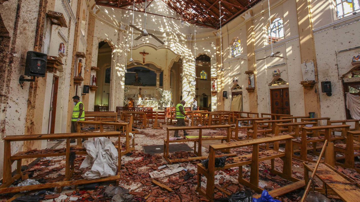 The interior of St. Sebastian's Church in Negombo, north of Colombo, shows damage from a bomb blast. (Chamila Karunarathne/AP)