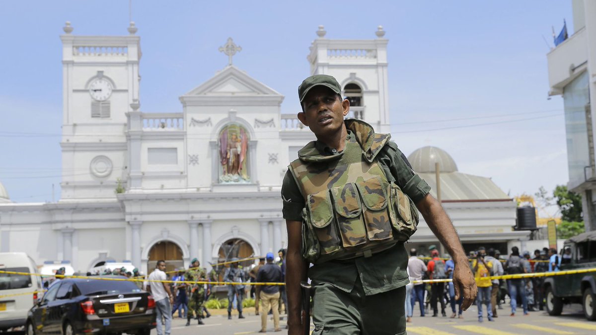 Soldiers secure the area around St. Anthony's Shrine. (Eranga Jayawardena/AP)