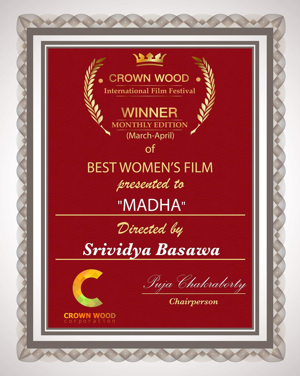 srividyabasawa's tweet photo. @film_madha wins "BEST WOMEN'S FILM AWARD" under the category "Film made by female filmmaker" at "CROWN WOOD INTERNATIONAL FILM FESTIVAL". 
#madha #thirdeyeproductions #psychologicalthriller #debut #awards #filmmfestival #cwiff  #womenincinema #thriller https://t.co/CLIpsaYn6M