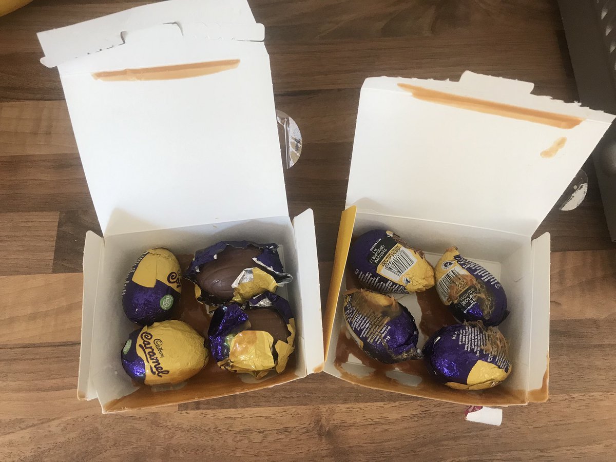 mattday0's tweet photo. @CadburyUK disappointing Easter today! Bought 2 boxes of 5 caramel eggs from Tesco last week and opened them today. Not only did they only have 4 eggs in, but all the caramel was in the bottom of the box, not the eggs!!!! #noyolk #shocked https://t.co/JWBvLHb45E