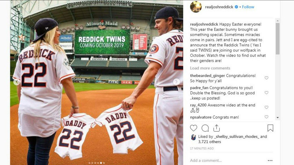 Astros star Josh Reddick and wife expecting twin boys in October