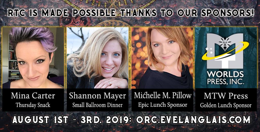 RTC is made possible by our author sponsors! Thanks to <a href="/minacarter/">Mina Carter</a> (Thursday Snack Sponsor), <a href="/TheShannonMayer/">Shannon Mayer</a> (Friday Small Ballroom Dinner Sponsor), <a href="/MichellePillow/">Michelle M Pillow, Romantasy Author</a> (Epic Friday Lunch Sponsor), and @AlphaPNR(Saturday Golden Lunch Sponsor)!