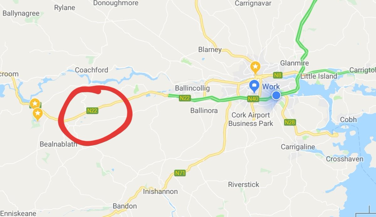 GrumpyConsumer's tweet photo. @ThreeCare I live 20 mins outside of cork in the circled area &amp; for the past 3 years I've lived there, I've had no phone reception until I'm half way into work. I love being with three aside from this one issue - lots of missed phone calls &amp; texts as a result. Any upgrade plans? https://t.co/szWM8UdBrP
