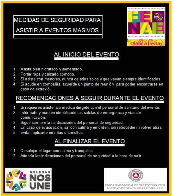 PC_Soledad's tweet photo. #PCSGS @FENAE2019 ¡Tu seguirdad es primero! Te recordamos algunas medidas para salvaguardar tu integridad durante eventos masivos. Tómalo en cuenta.  @dgspm_soledad @AytoSoledad . https://t.co/sb9DrjpMaN