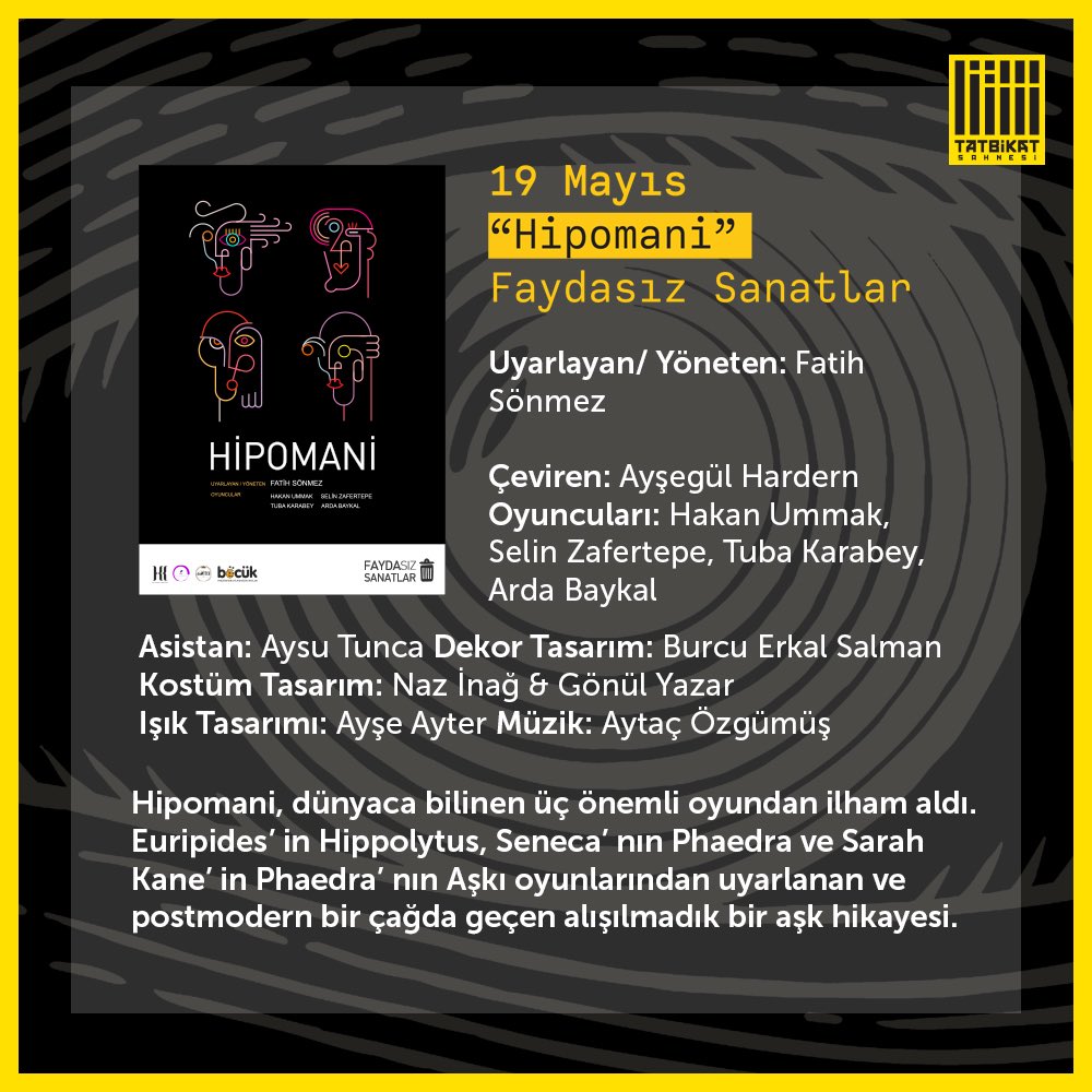 “Hipomani” yaşama dair faydasız olarak algılanan sorunları çözmeden dünya düzeninin değişemeyeceğini savunan bir anlatı. “Hipomani” I. İstanbul Oyunları Festivali kapsamında 19 Mayıs tarihinde Ankara Tatbikat Sahnesi’nde! Biletler, Biletix.com’da!