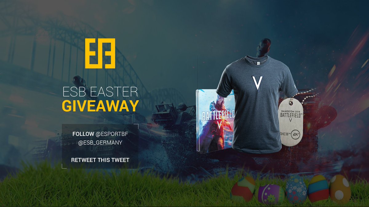 EsportBF's tweet photo. We've got an Easter #Giveaway!

Here is your chance to win this Bundle with:
- 1 Battlefield V T-shirt
- 1 Battlefield V Steelbook
- 1 Battlefield V Gamescom 2018 Physical Dogtag

How to enter: 
1️⃣ Follow @eSportBF &amp; @ESB_Germany
2️⃣ RT this tweet 

Winner selected on 24/04/2019 https://t.co/pds6IoZXFB
