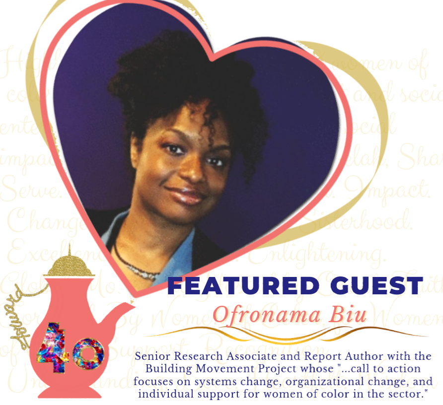 We are less than 1 week away from our #Forward40 #teabrunch #podcast launch and are so pleased to announce our first guest, <a href="/OfronamaB/">Ofronama Biu</a> of <a href="/BldingMovement/">Building Movement Project</a>! We hope to see you at <a href="/TheChaiSpot/">The Chai Spot</a> next Saturday. #WOCequity #RemakeTheTable
