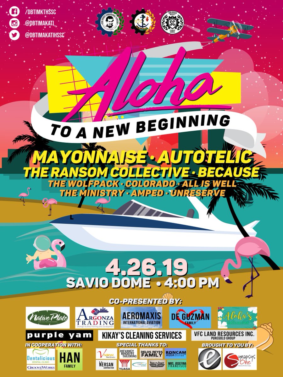 dbtimakatijhssc's tweet photo. Are you ready? 5 days to go before Aloha : To A New Beginning! 🤙
Get ready for @mayonnaisemusic , @AutotelicMusic , @TheRansomCMusic , and @because0801 ! 🌊
Together with our @dbtiwolfpack ,@ColoradoMusicPH , All Is Well, The Ministry, Amped, and Unreserve. ☀️
#Aloha2019 https://t.co/upJCRf01p2