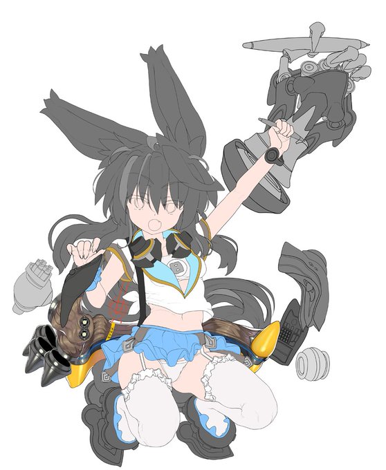 キャラの各パーツの色分け
肌の色は「これ」という基準色がありますが
絵によっては多少黄色に寄せたり赤に寄せたりくすんだ雰囲気にしたりします
この絵の場合はイエローなパーツがあるので黄色に寄せるほうが整うかな?
そういうのも全体の様子を見ながら細かく調製していきます 