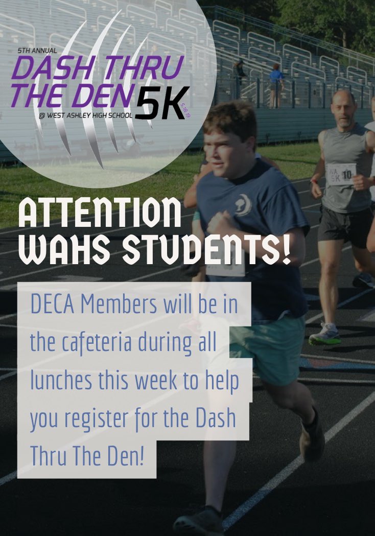 DashThruTheDen's tweet photo. ‼️ATTENTION WAHS STUDENTS! DECA members will be in the cafeteria during all lunches this week Tuesday, Wednesday, and Thursday to help people register for the 5K. We’re only accepting card, no cash, so be sure to bring yours! https://t.co/IuisZLMsCO